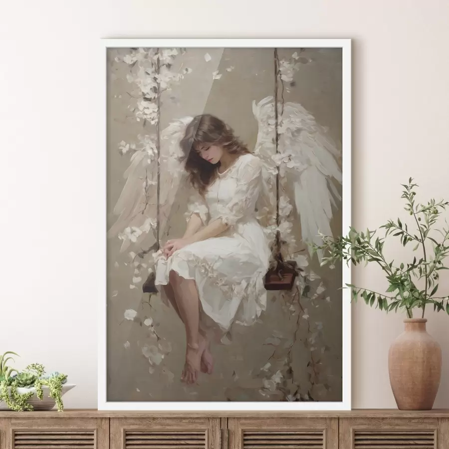 carta da parati una bambina angelica su un'altalena, dipinta in stile ad olio nr. f48789