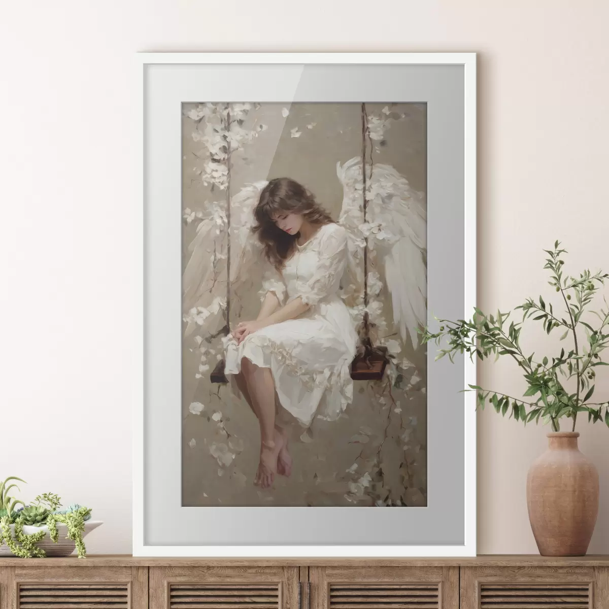 Poster una bambina angelica su un'altalena, dipinta in stile ad olio f48789