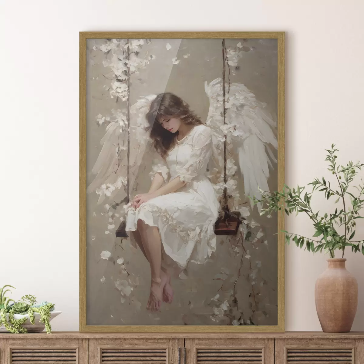 Poster una bambina angelica su un'altalena, dipinta in stile ad olio f48789