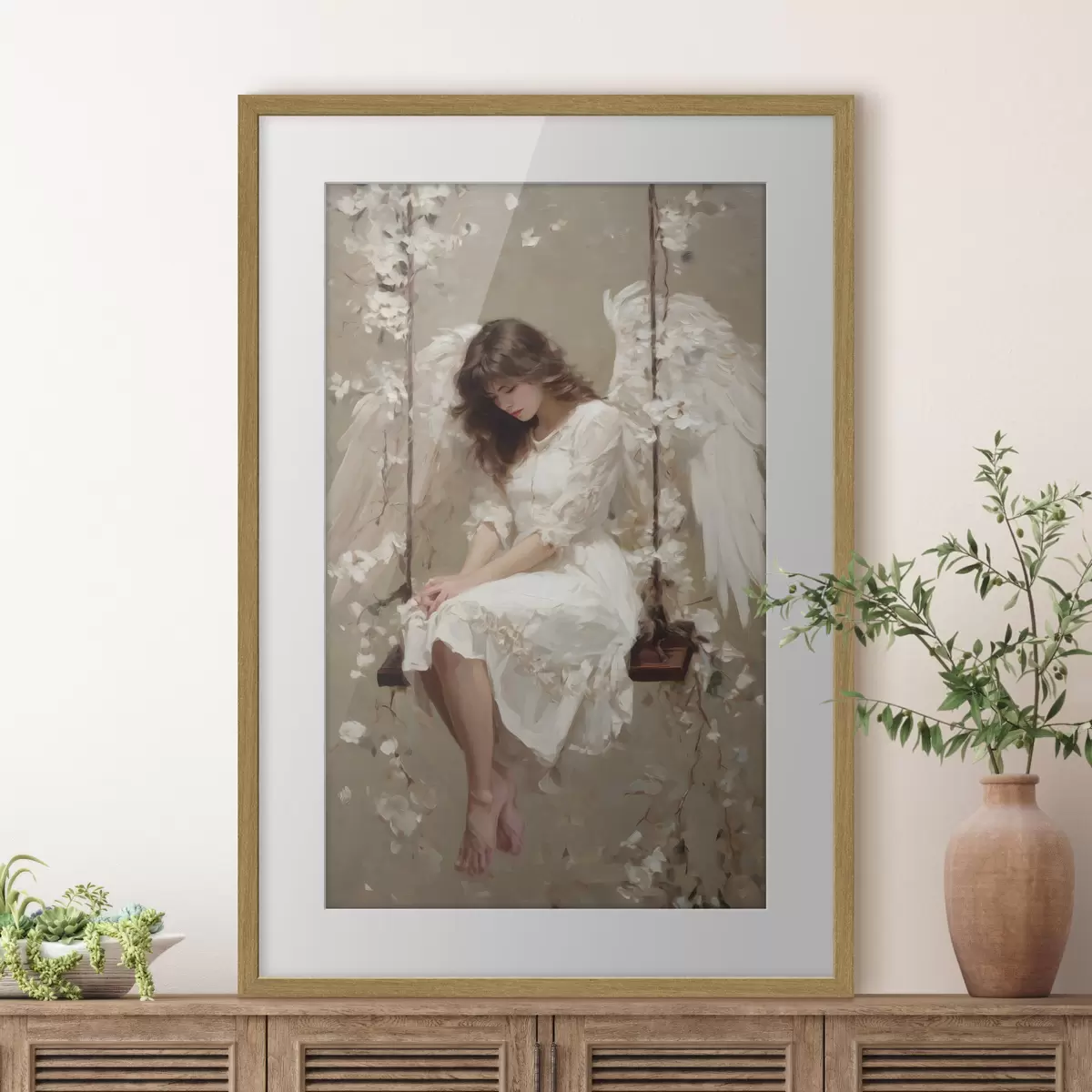 Poster una bambina angelica su un'altalena, dipinta in stile ad olio f48789