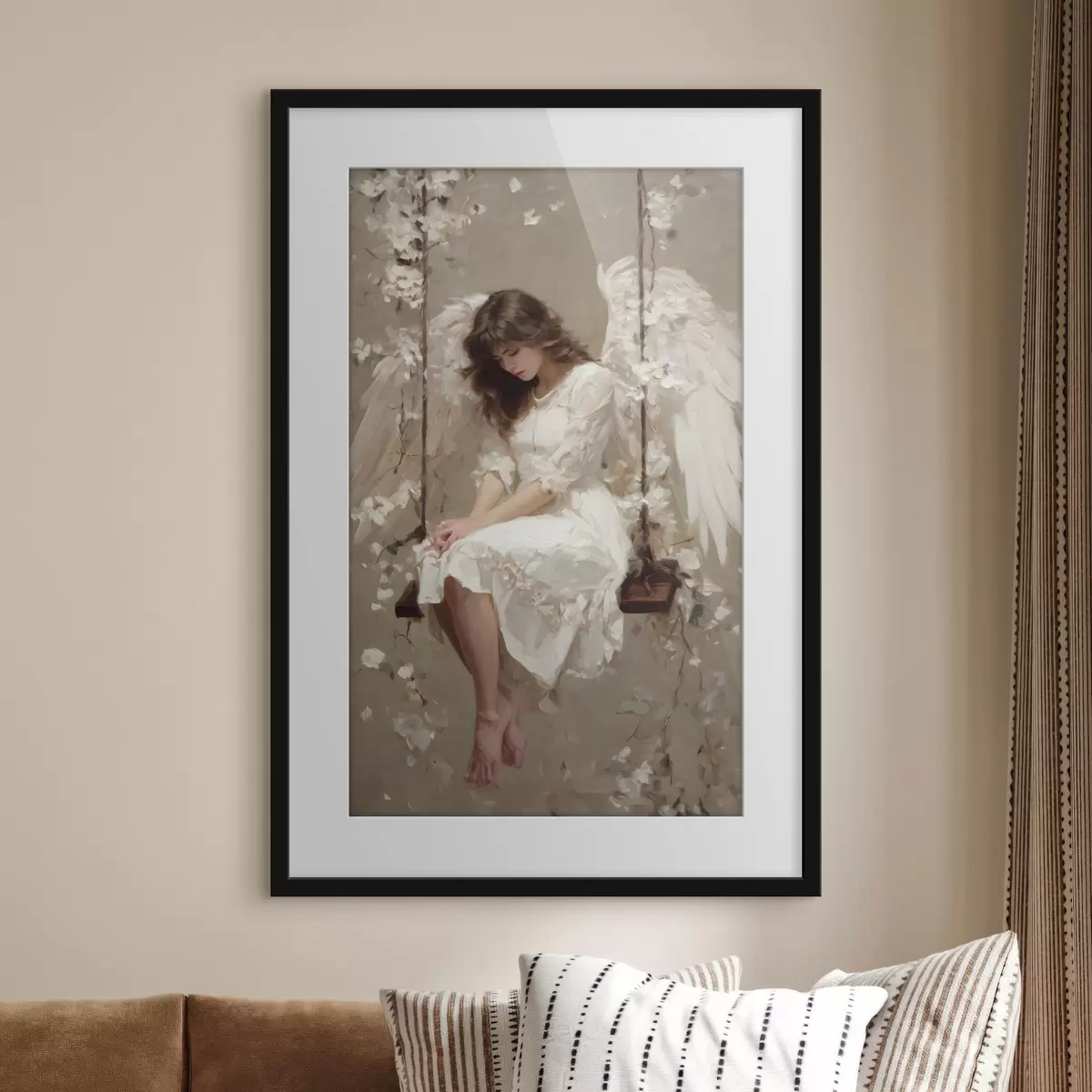 Poster una bambina angelica su un'altalena, dipinta in stile ad olio f48789