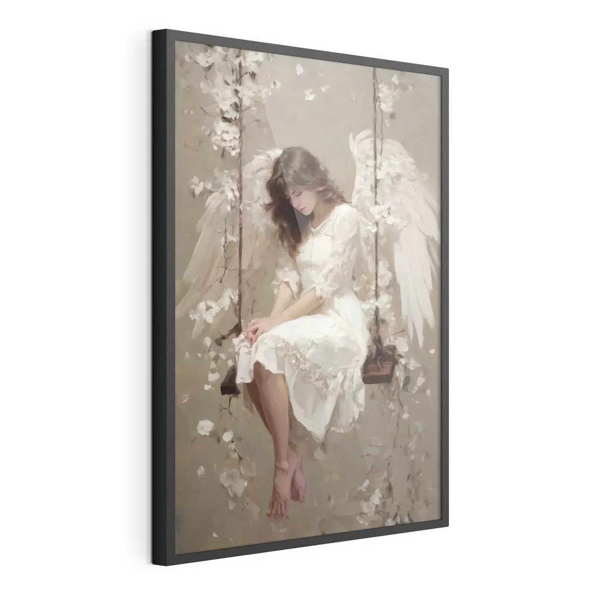 Poster una bambina angelica su un'altalena, dipinta in stile ad olio f48789