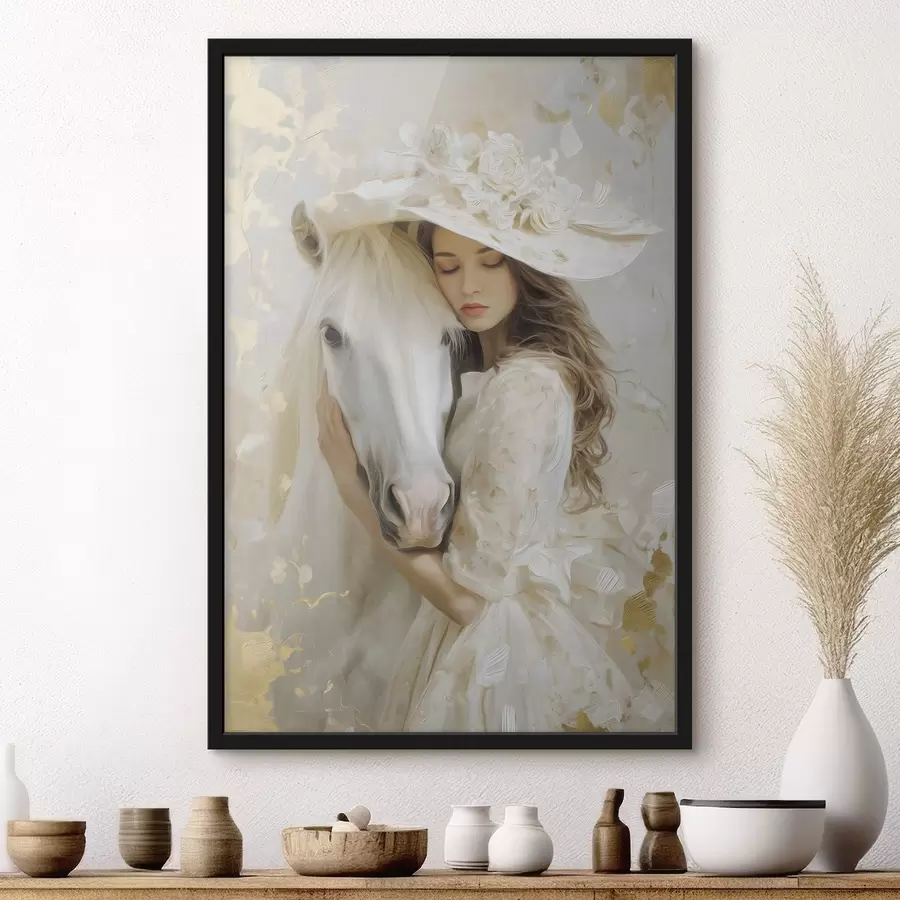 carta da parati una ragazza con un cavallo bianco, dipinta in stile oil painting nr. f48790