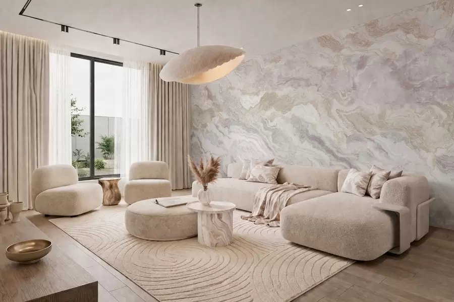 carta da parati Onice chiaro con strati fluenti nei toni del beige e del grigio nr. w05430