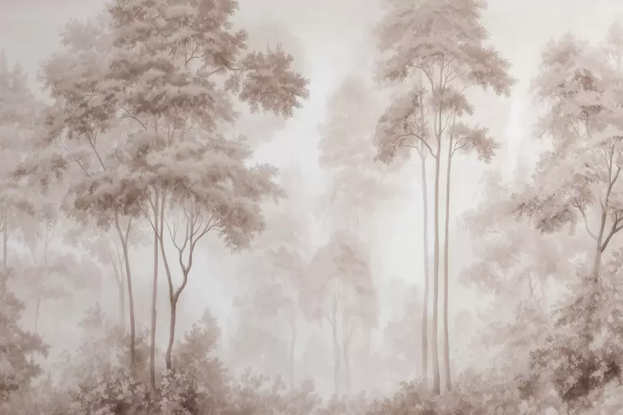 Carta da parati nature Paesaggio boschivo astratto dai toni beige fumé che trasmette un senso di profondità 