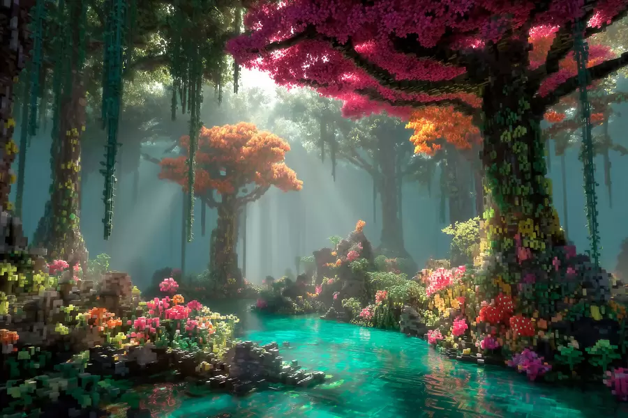 Carta da parati nature Boschetto incantato in stile pixel, ispirato ai videogiochi 