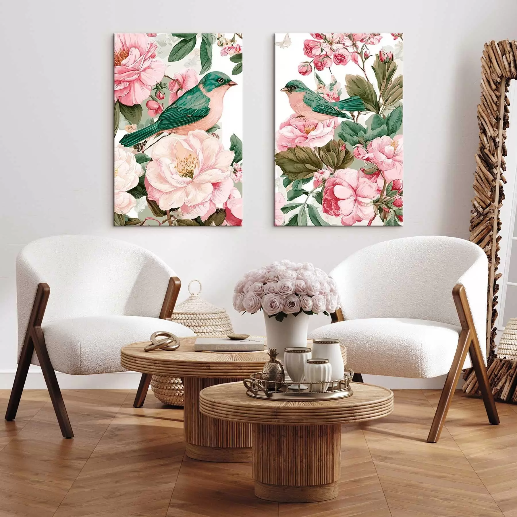 carta da parati Uccelli su delicati fiori rosa nr. m30386