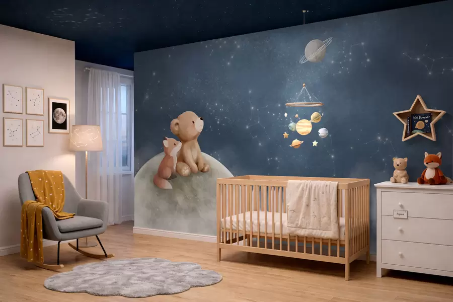 Carta da parati per Bambini Illustrazione a pastello con orso e volpe sotto il cielo notturno 