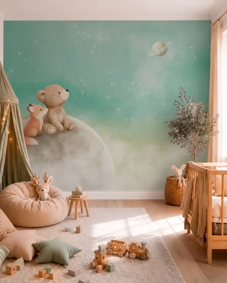 Carta da parati per Bambini Illustrazione a pastello con orso e volpe su uno sfondo verde 