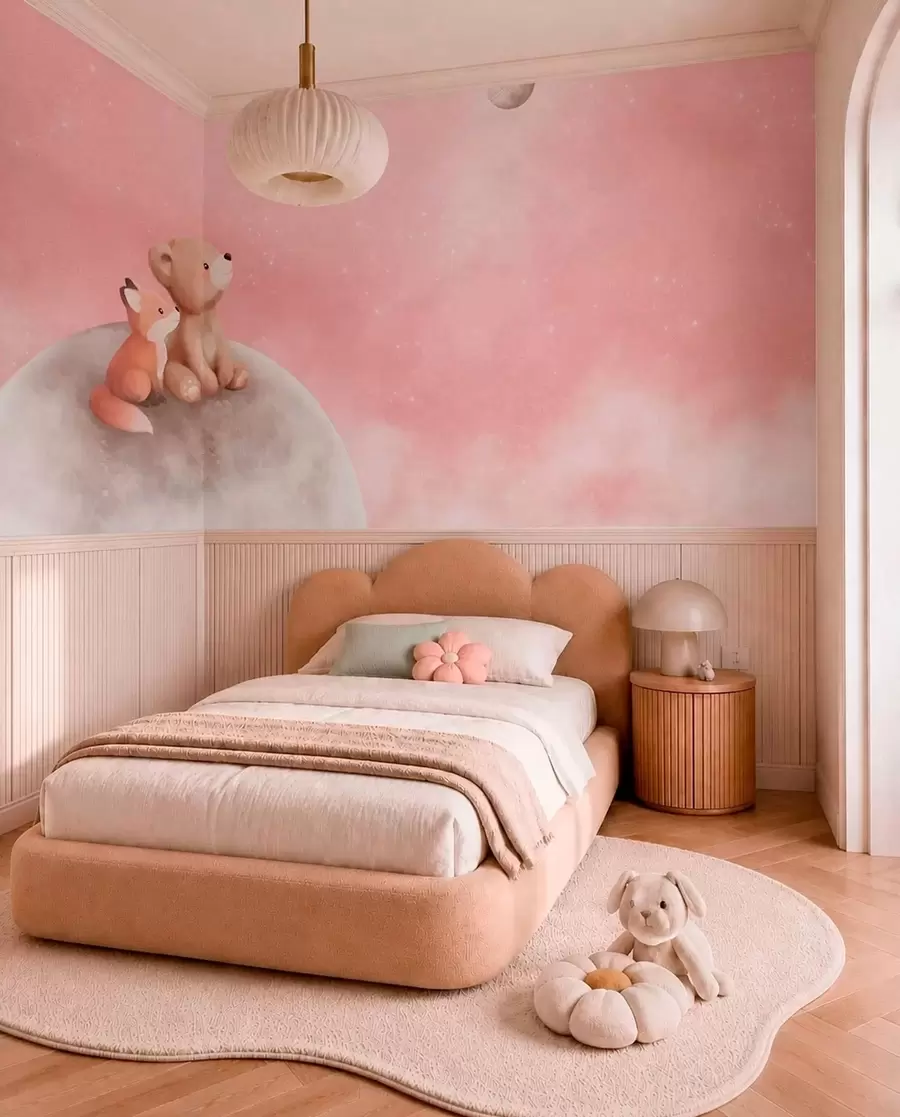 Carta da parati per Bambini Amici lunari nel cielo rosa 