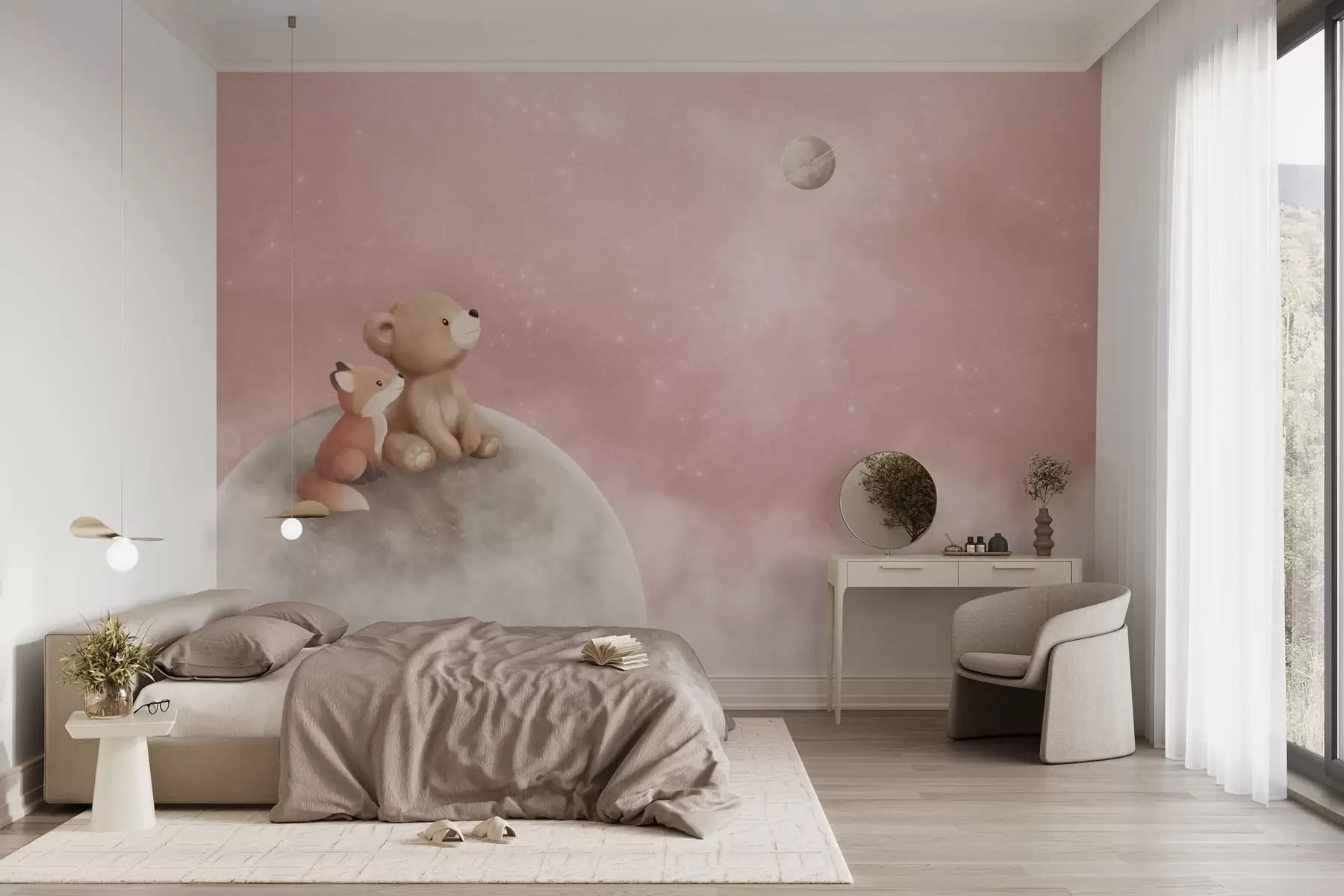 Carta da parati per Bambini Illustrazione a pastello con un orso e una volpe su uno sfondo rosa con la luna 