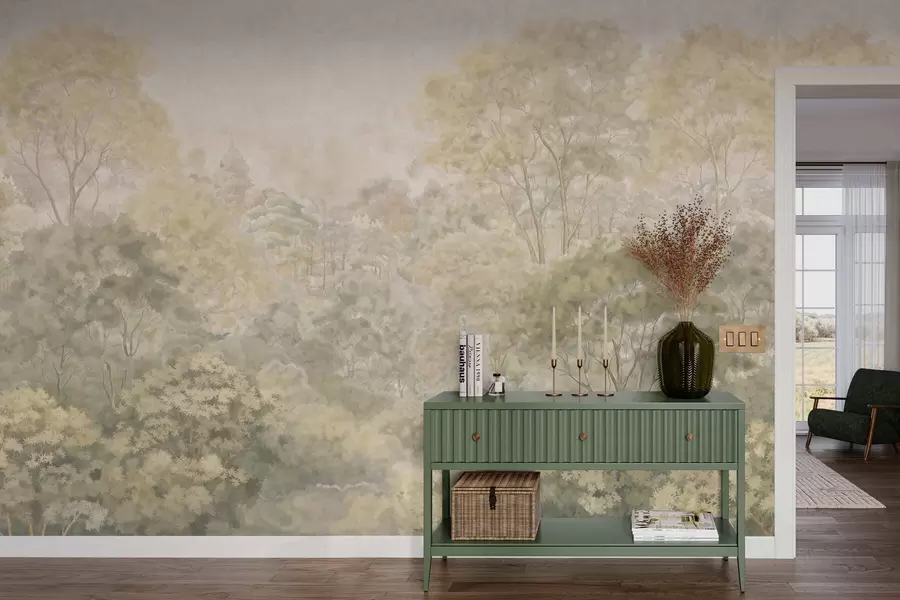 Carta da parati nature Paesaggio boschivo d'altri tempi dai tenui toni di verde 