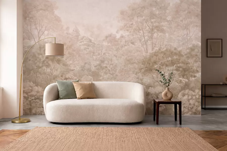 Carta da parati nature Paesaggio boschivo d'altri tempi nei caldi toni del beige 