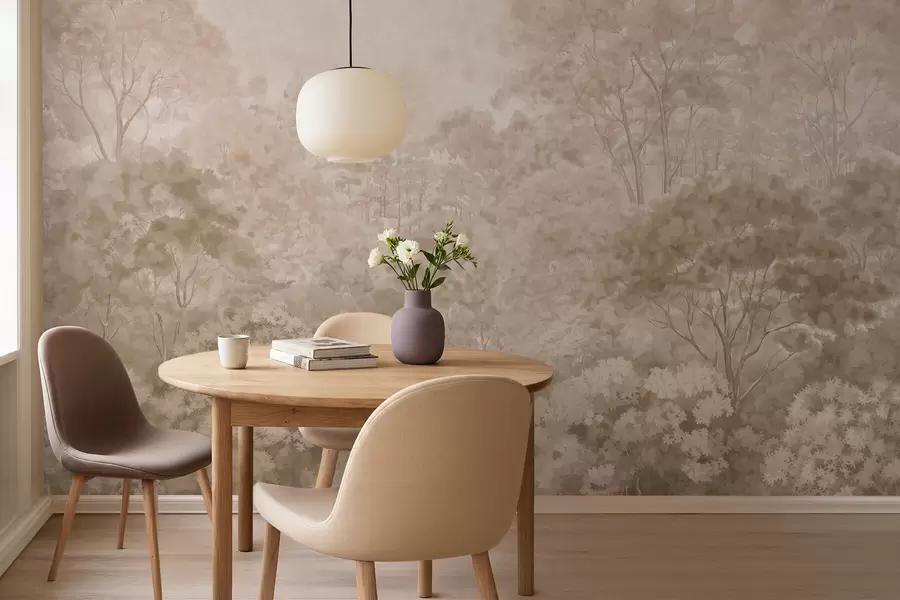 Carta da parati nature Paesaggio boschivo d'altri tempi nei caldi toni del beige 