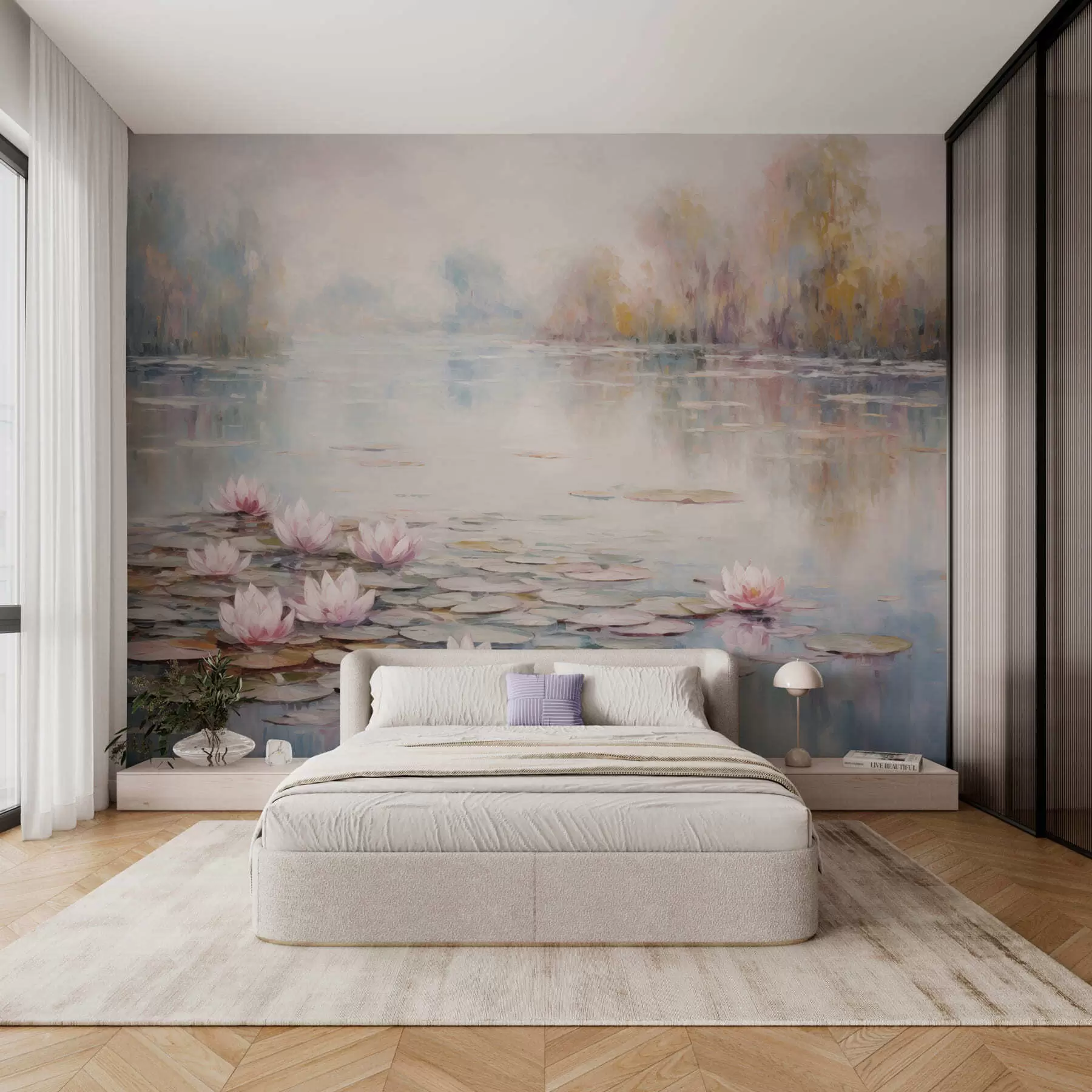 carta da parati Lago impressionista con ninfee e luce soffusa nr. w05515