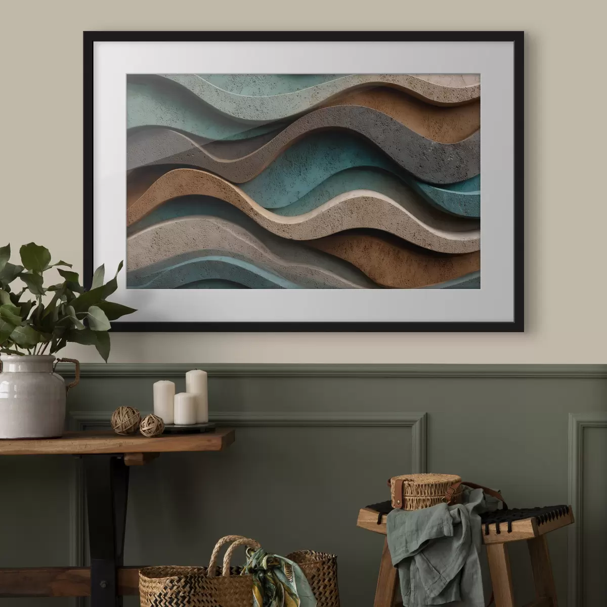 Poster Strati ondulati astratti nei toni del verde acqua e del terracotta f48797