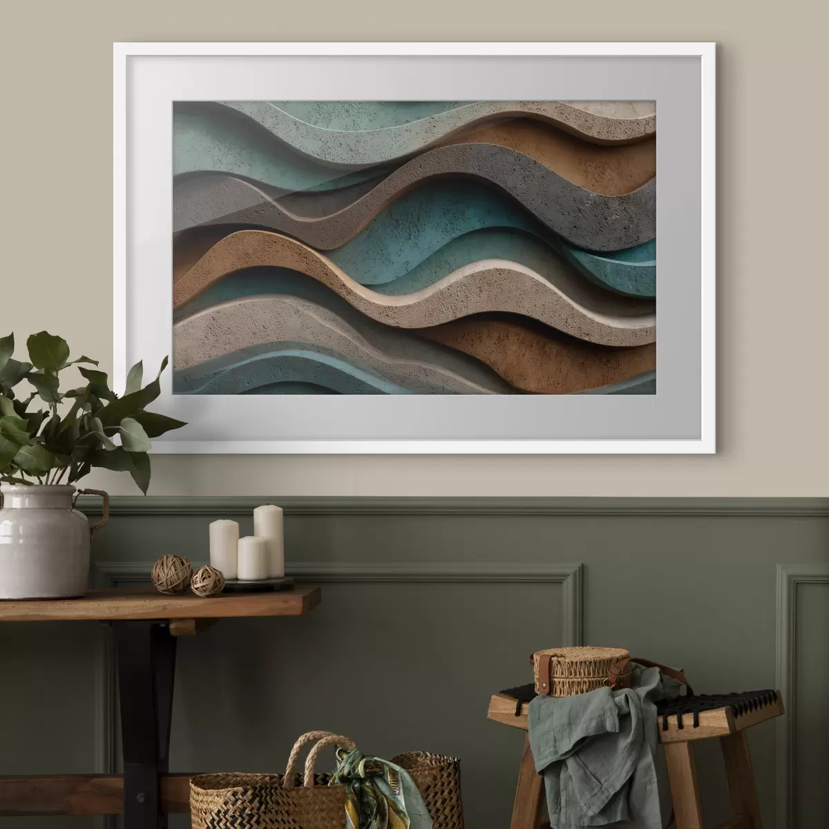 Poster Strati ondulati astratti nei toni del verde acqua e del terracotta f48797