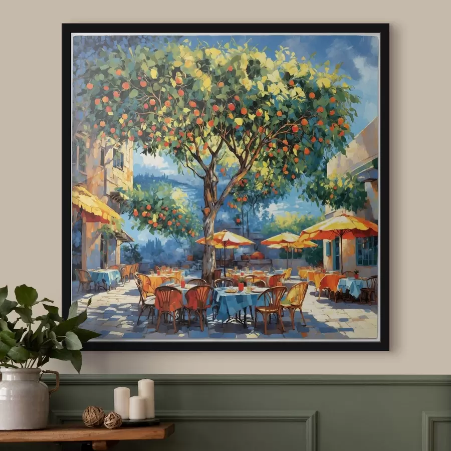 carta da parati Cortile di un caffè in stile impressionista con albero e ombrelloni nr. f48811