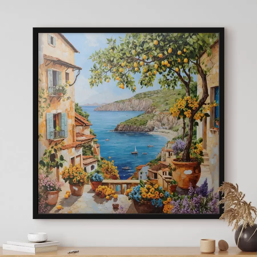 carta da parati Villaggio costiero in stile impressionista con un albero di limoni nr. f48818