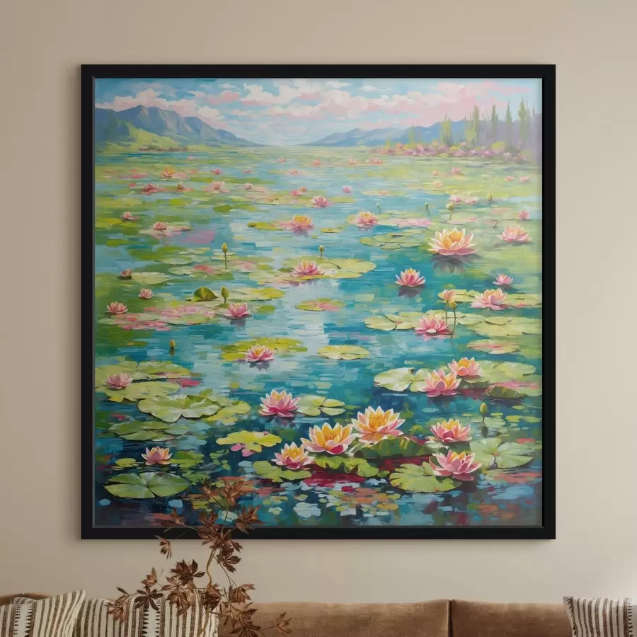 carta da parati Impressionismo: lo stagno delle ninfee con le montagne in lontananza nr. f48820