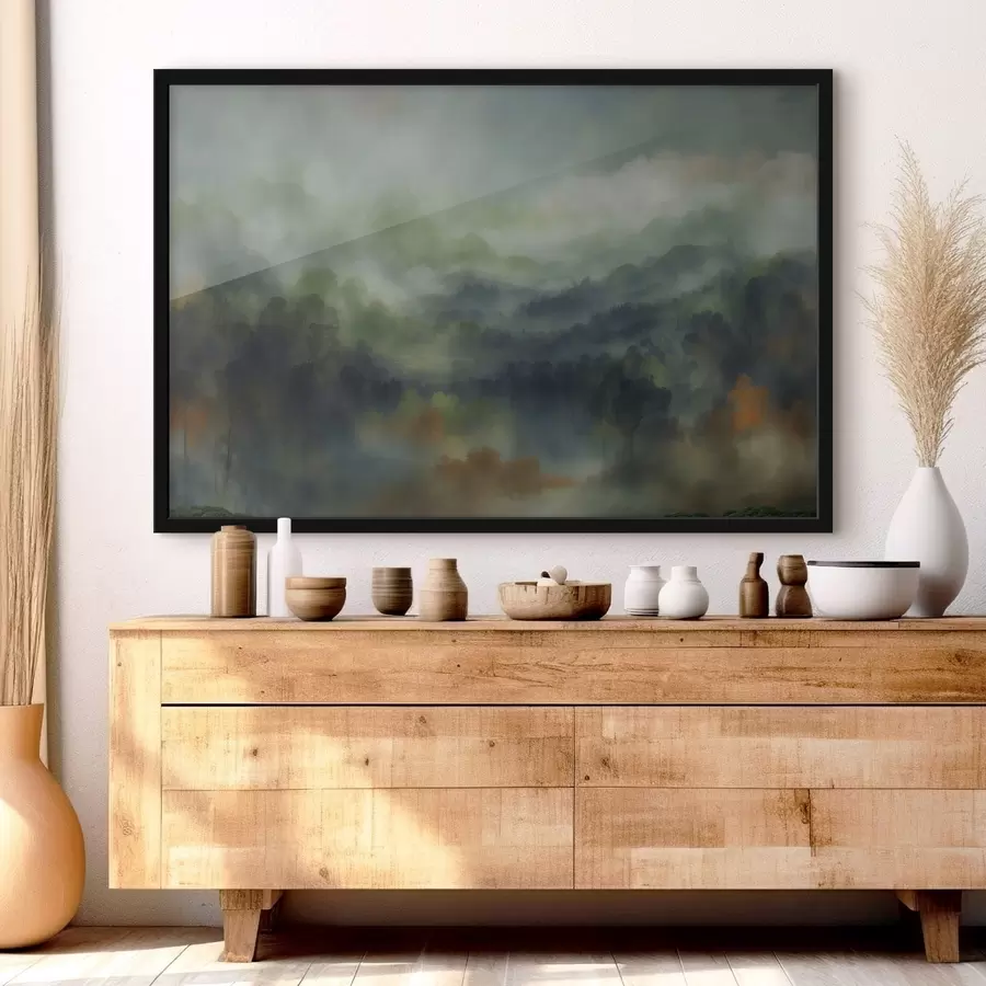 carta da parati Paesaggio suggestivo di una foresta avvolta dalla nebbia, dai toni verdi nr. f48821