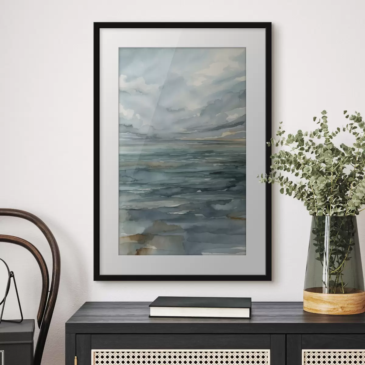 Poster Acquerello: mare calmo sotto un cielo nuvoloso f48824
