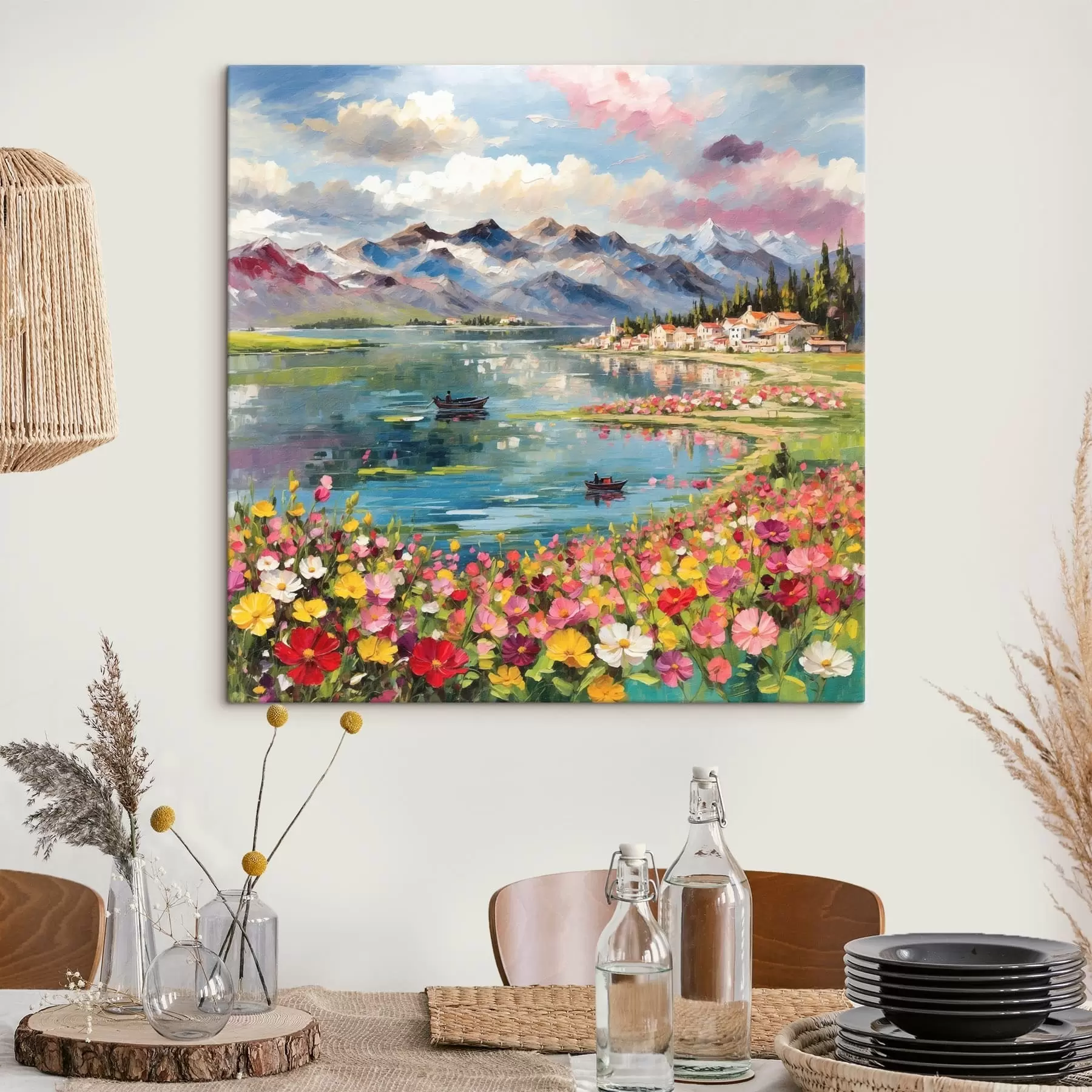 carta da parati Impressionismo: lago di montagna con barche e fiori nr. s48806