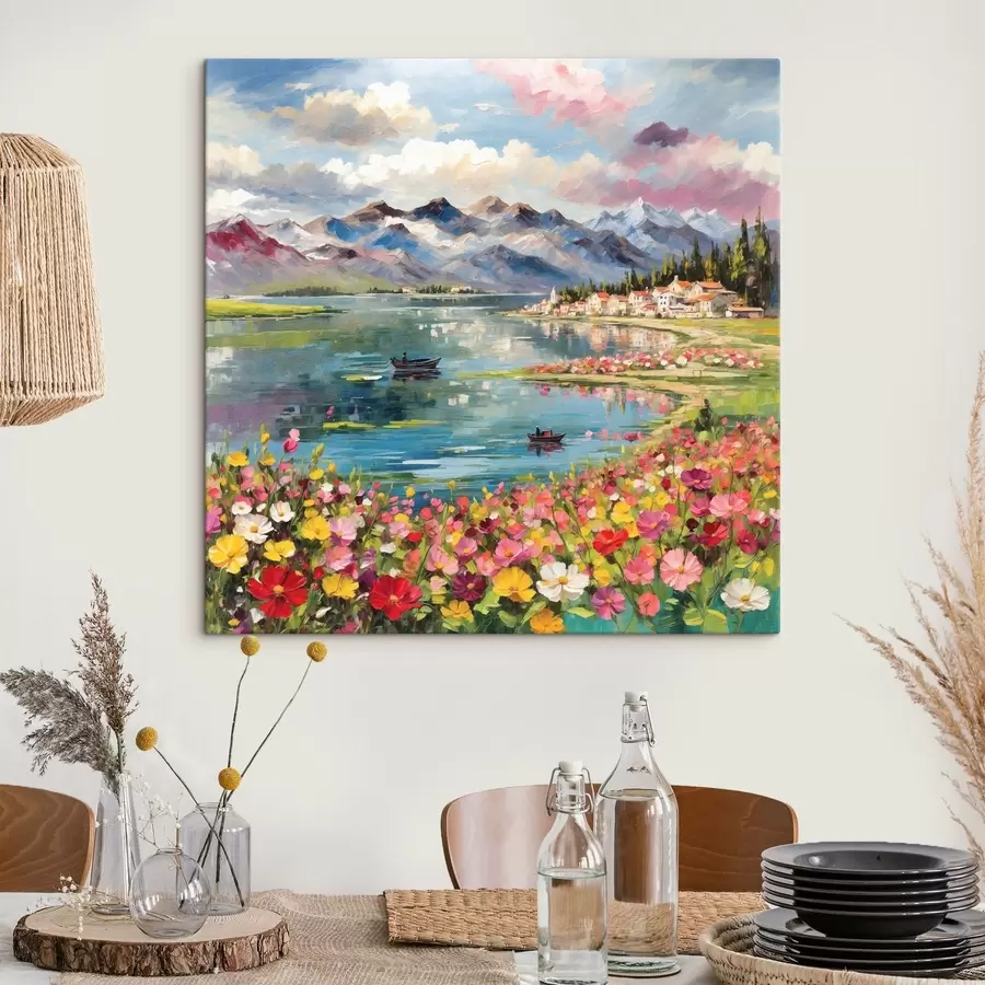 carta da parati Impressionismo: lago di montagna con barche e fiori nr. s48806