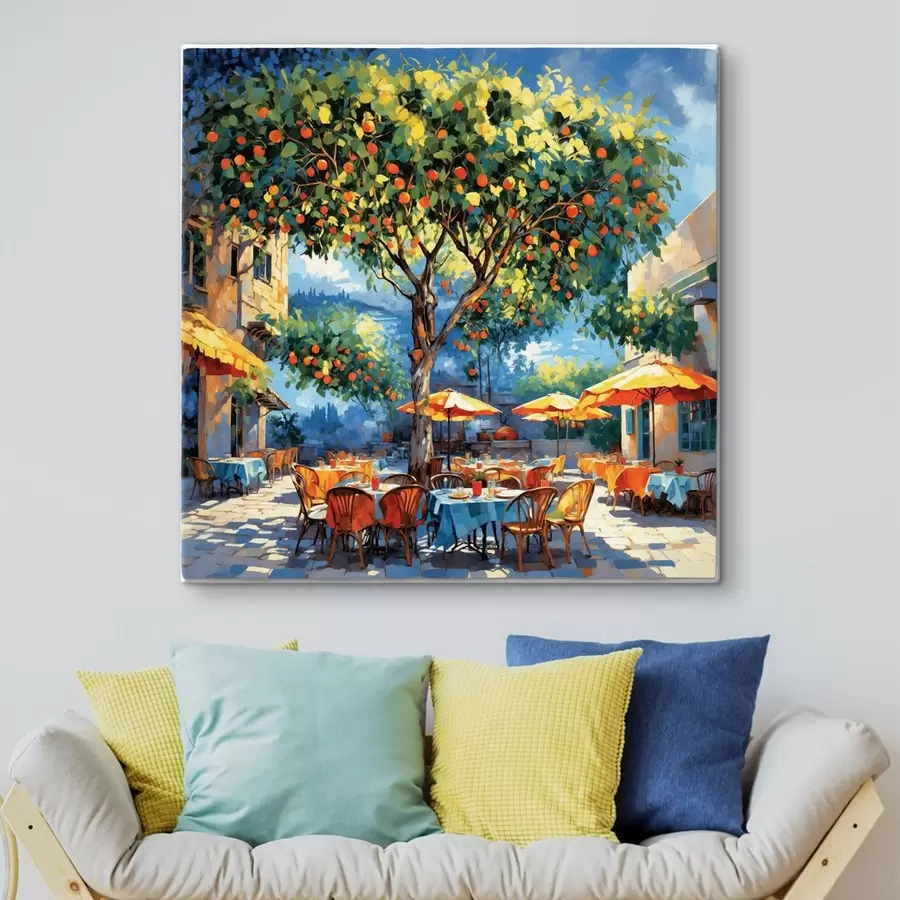 carta da parati Cortile di un caffè in stile impressionista con albero e ombrelloni nr. s48811