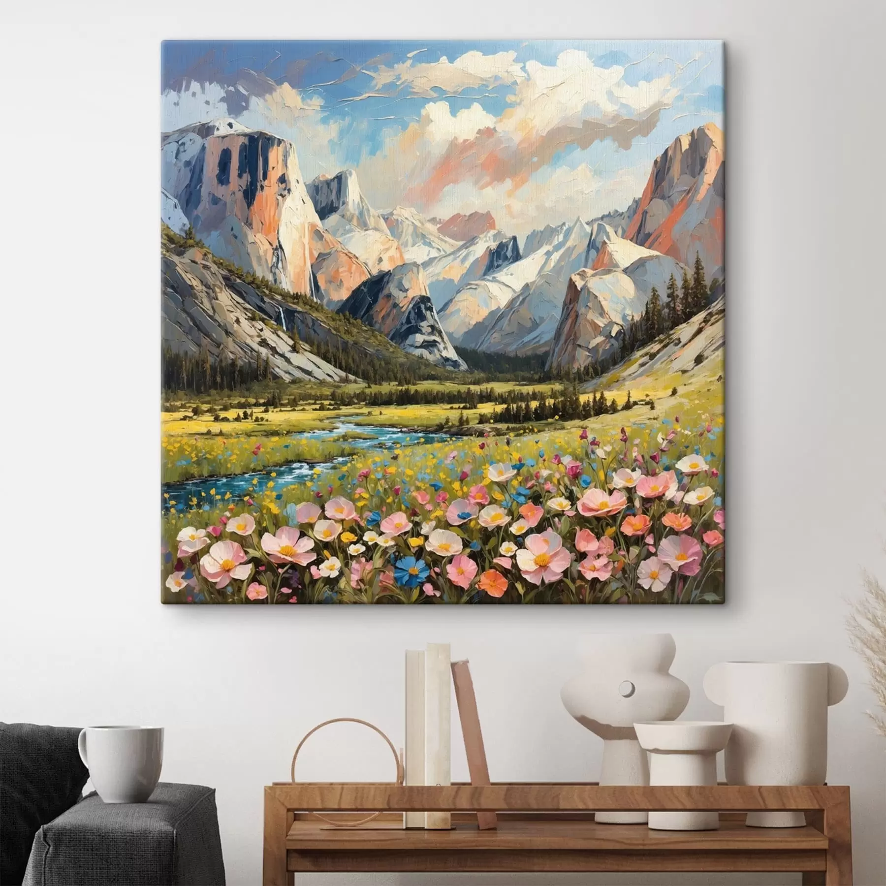 carta da parati Impressionismo: valle di montagna con fiume e fiori nr. s48812