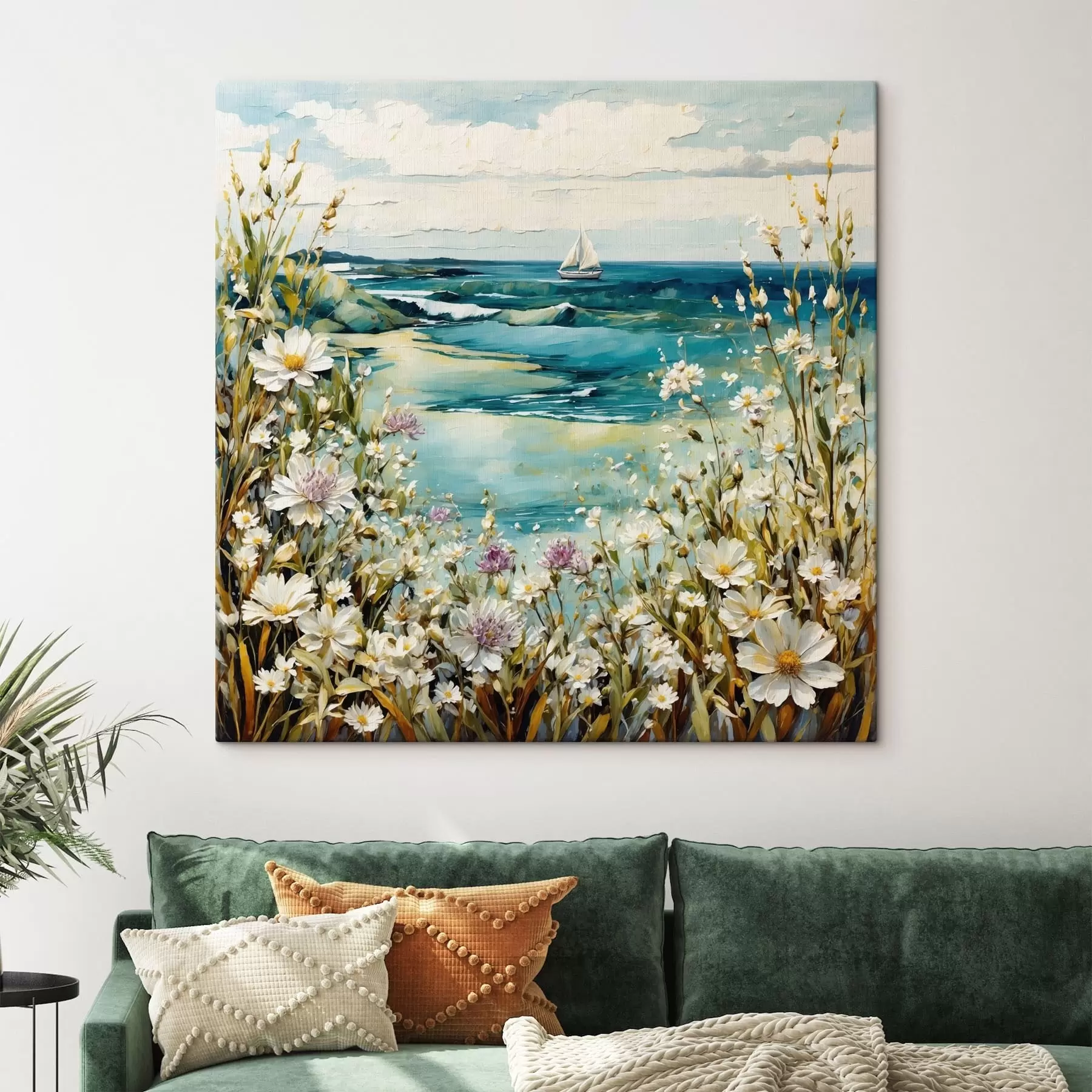 carta da parati Impressionismo: paesaggio marino con barca a vela e fiori nr. s48813