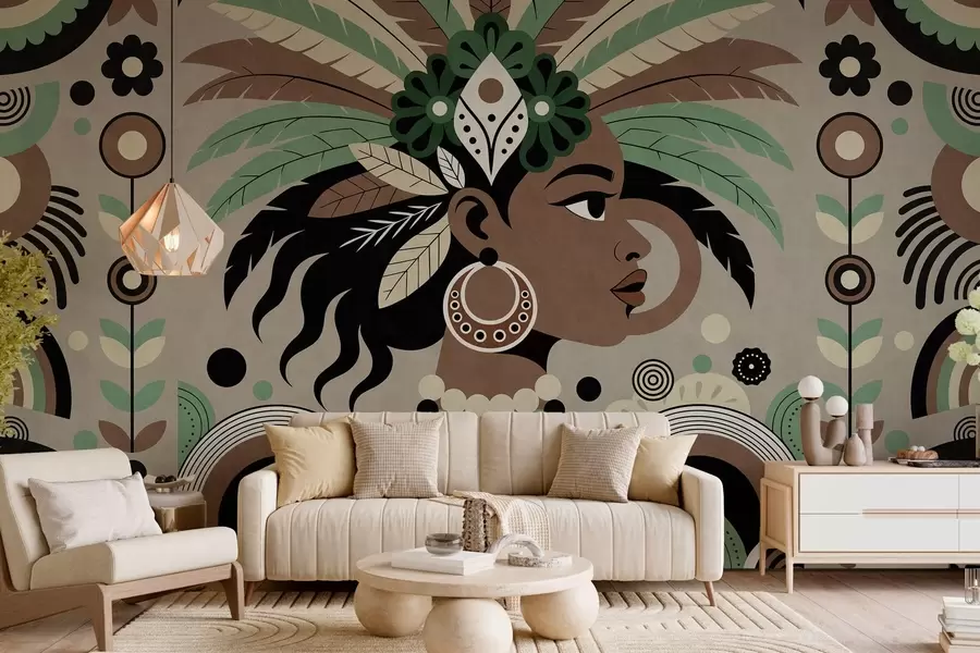 carta da parati un elegante design di ispirazione africana nei toni del verde, del marrone e del beige nr. w05389v1