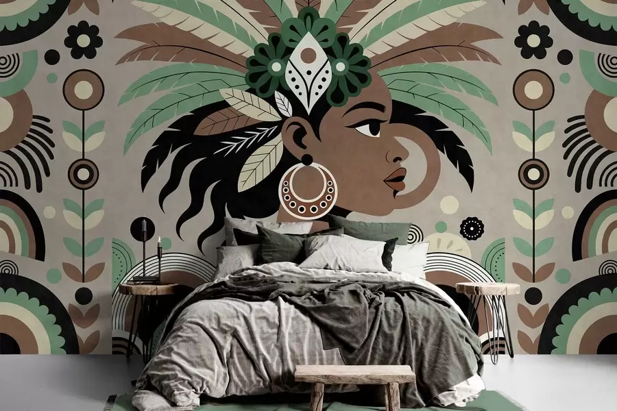 carta da parati un elegante design di ispirazione africana nei toni del verde, del marrone e del beige nr. w05389v1