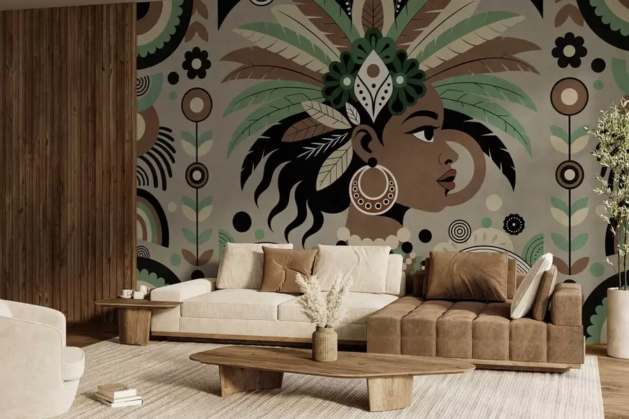 carta da parati un elegante design di ispirazione africana nei toni del verde, del marrone e del beige nr. w05389v1