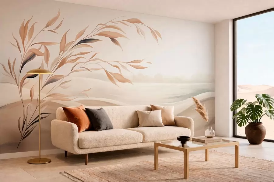 carta da parati Un paesaggio dai colori tenui con un ramo che si staglia sulle colline in tonalità beige chiaro nr. w05297