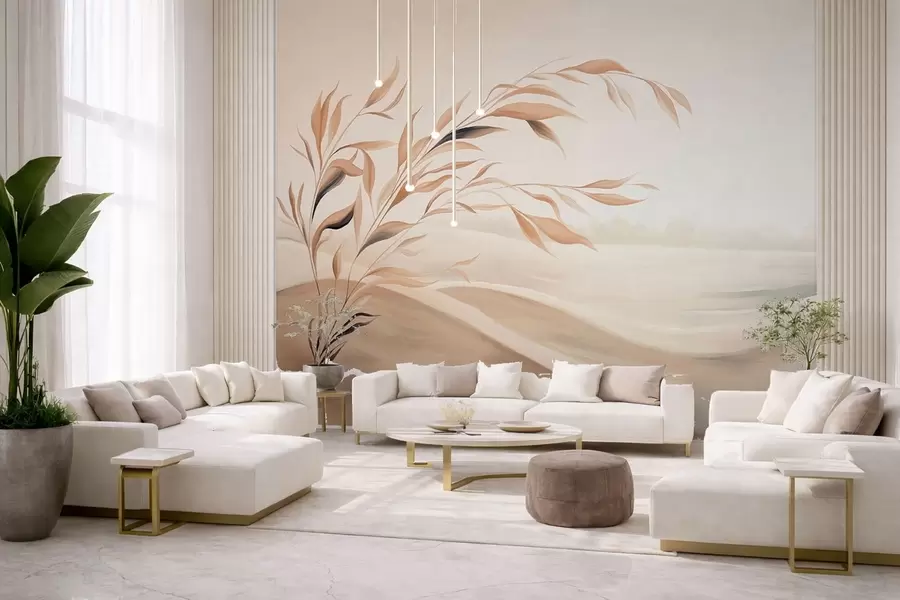 carta da parati Un paesaggio dai colori tenui con un ramo che si staglia sulle colline in tonalità beige chiaro nr. w05297