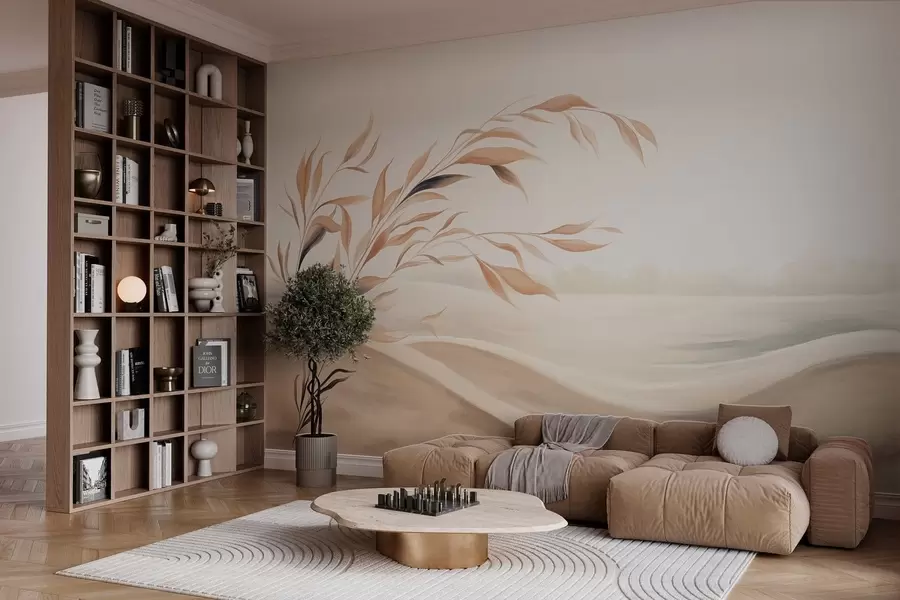 carta da parati Un paesaggio dai colori tenui con un ramo che si staglia sulle colline in tonalità beige chiaro nr. w05297