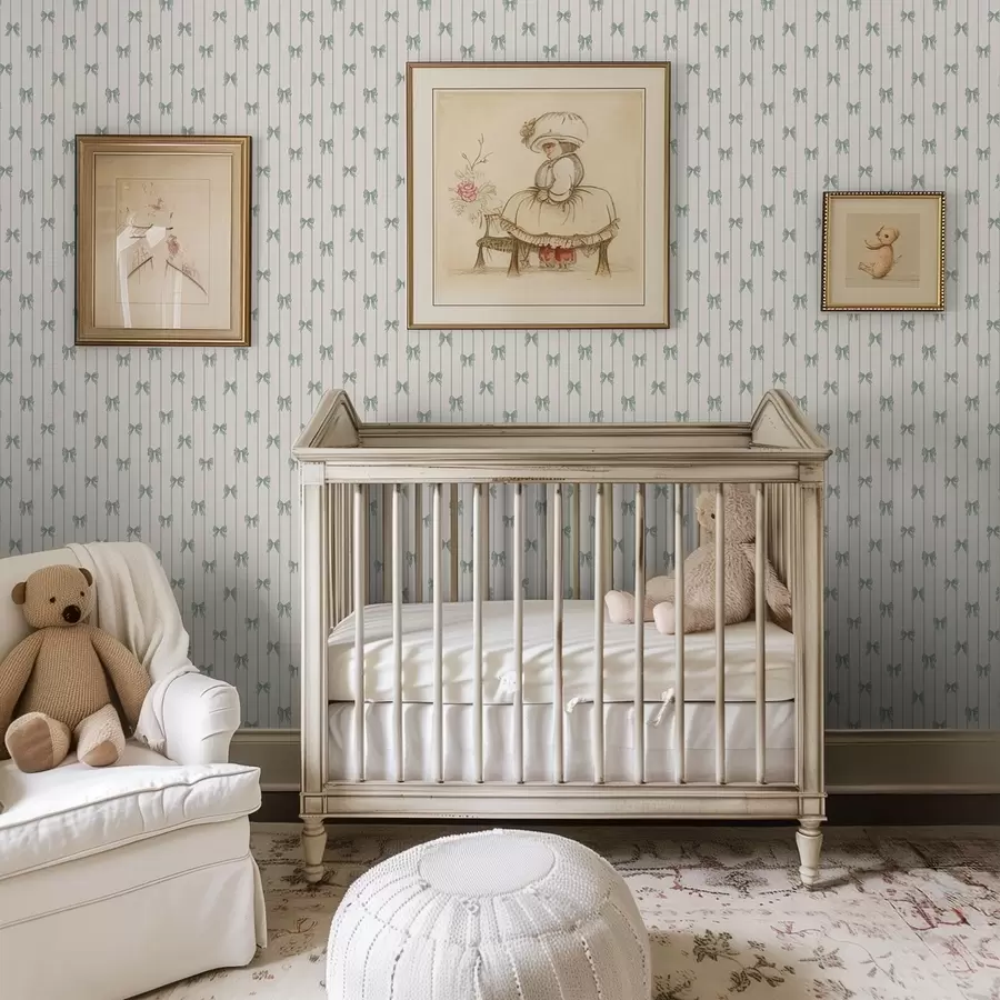 carta da parati Piccoli fiocchi verdi a righe su sfondo beige nr. a01076v2