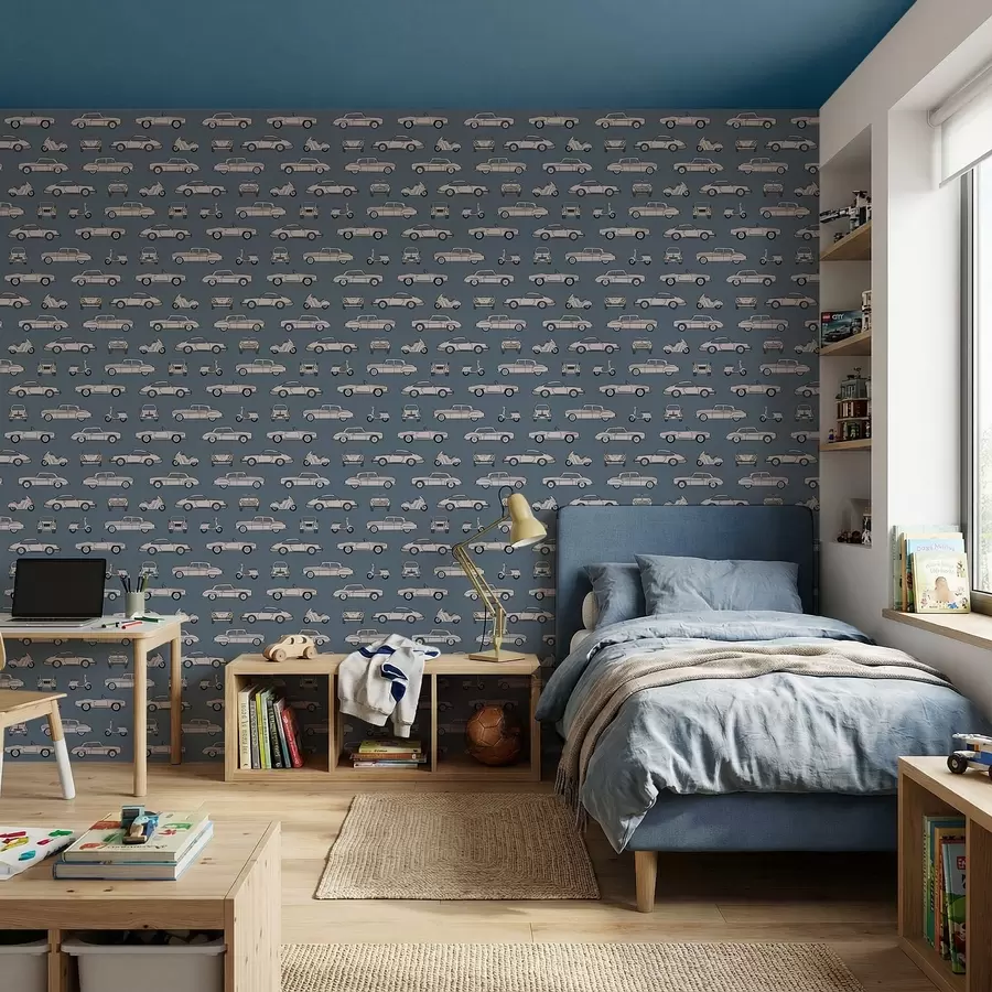 carta da parati Auto e scooter d'epoca su sfondo blu nr. a01178