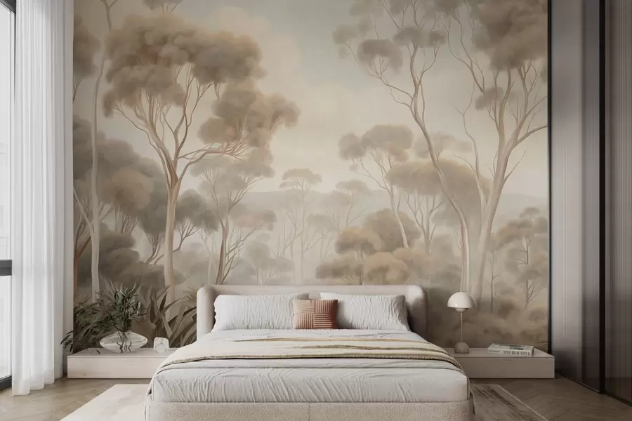 Carta da parati nature Un paesaggio boschivo avvolto dalla nebbia con alti eucalipti, con dolci colline sotto un cielo nuvoloso, opera d'arte ricca di texture 