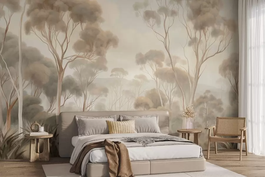 Carta da parati nature Un paesaggio boschivo avvolto dalla nebbia con alti eucalipti, con dolci colline sotto un cielo nuvoloso, opera d'arte ricca di texture 
