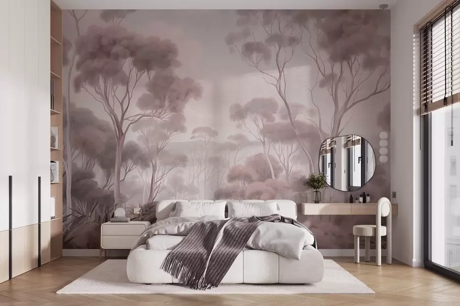Carta da parati nature Un paesaggio boschivo avvolto dalla nebbia con alti eucalipti, con dolci colline sotto un cielo nuvoloso, opera d'arte ricca di texture 