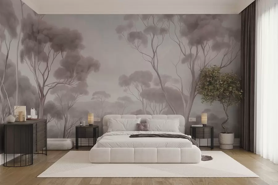 Carta da parati nature Un paesaggio boschivo avvolto dalla nebbia con alti eucalipti, con dolci colline sotto un cielo nuvoloso, opera d'arte ricca di texture 