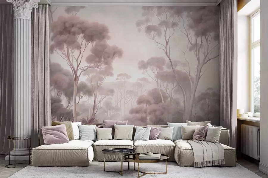 Carta da parati nature Un paesaggio boschivo avvolto dalla nebbia con alti eucalipti, con dolci colline sotto un cielo nuvoloso, opera d'arte ricca di texture 