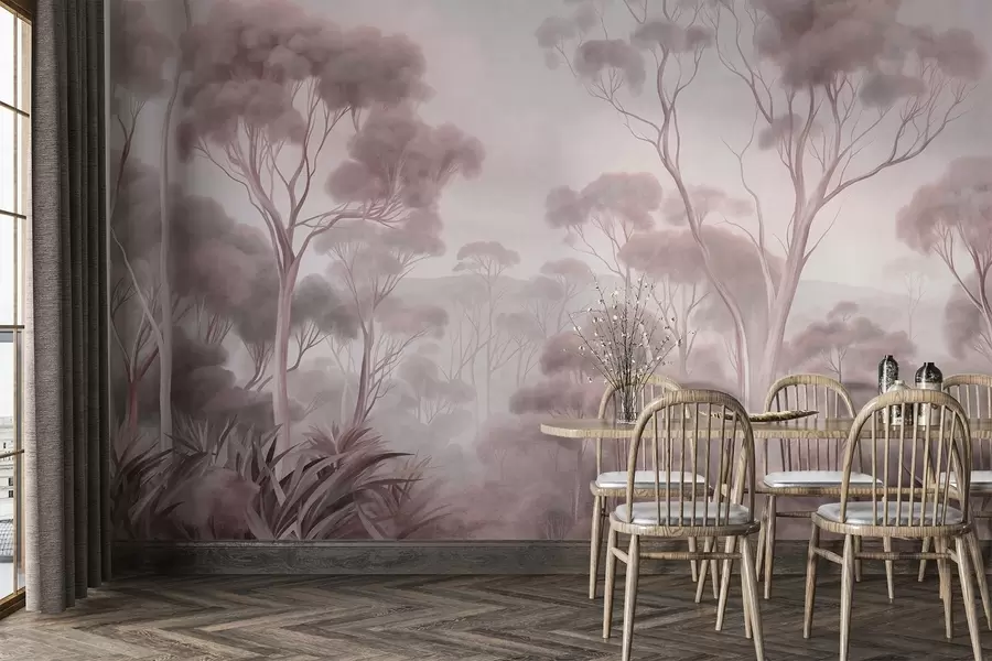 Carta da parati nature Un paesaggio boschivo avvolto dalla nebbia con alti eucalipti, con dolci colline sotto un cielo nuvoloso, opera d'arte ricca di texture 