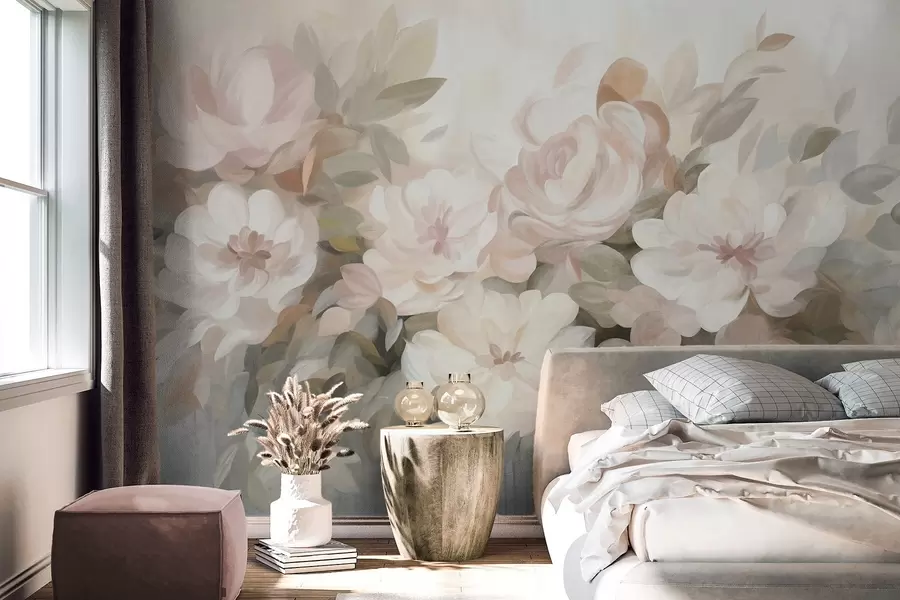carta da parati Fiori rosa pallido e bianchi con foglie verdi, stile pittorico, stile impressionista, arte materica nr. w09824