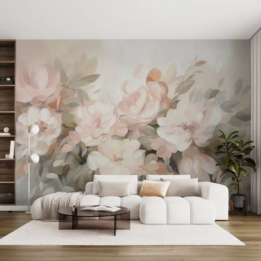 carta da parati Fiori rosa pallido e bianchi con foglie verdi, stile pittorico, stile impressionista, arte materica nr. w09824