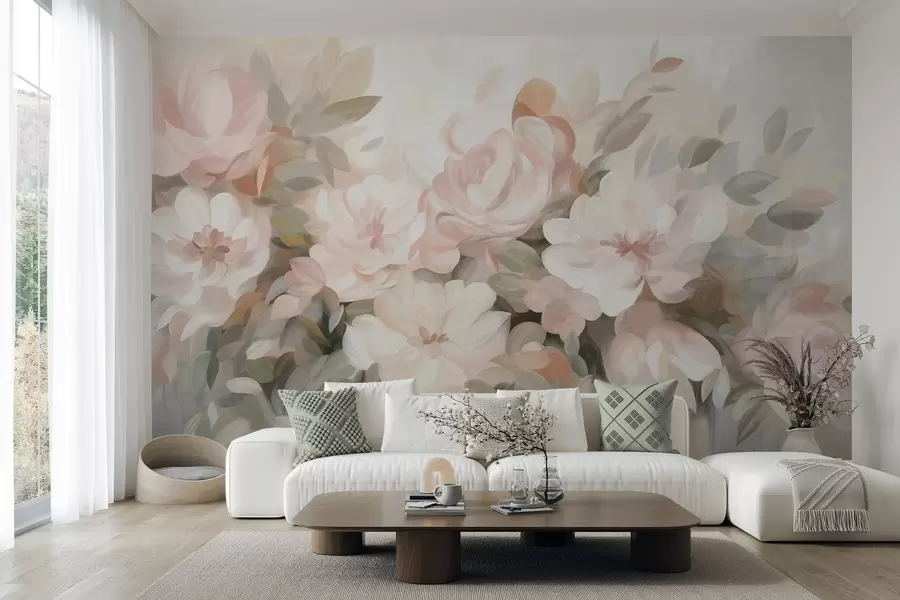 carta da parati Fiori rosa pallido e bianchi con foglie verdi, stile pittorico, stile impressionista, arte materica nr. w09824
