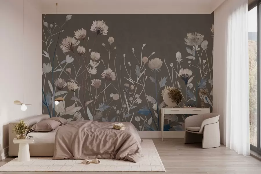 carta da parati Erbe selvatiche e fiori raffigurati in stile pittorico su uno sfondo grigio-marrone nr. w05563v2