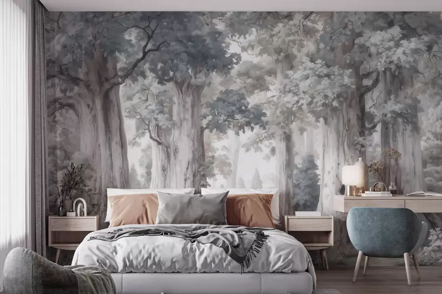 Carta da parati nature Una foresta da favola con alberi altissimi e una palette dai toni tenui in stile acquerello 